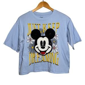 Disney Mickey Mouse Crochet Just Keep Dreaming Cropped T-Shirt Medium Blue